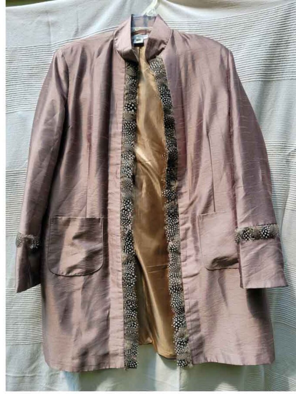 GRACE CHUANG - Gold-Bronze Jacket with Real Feather Details